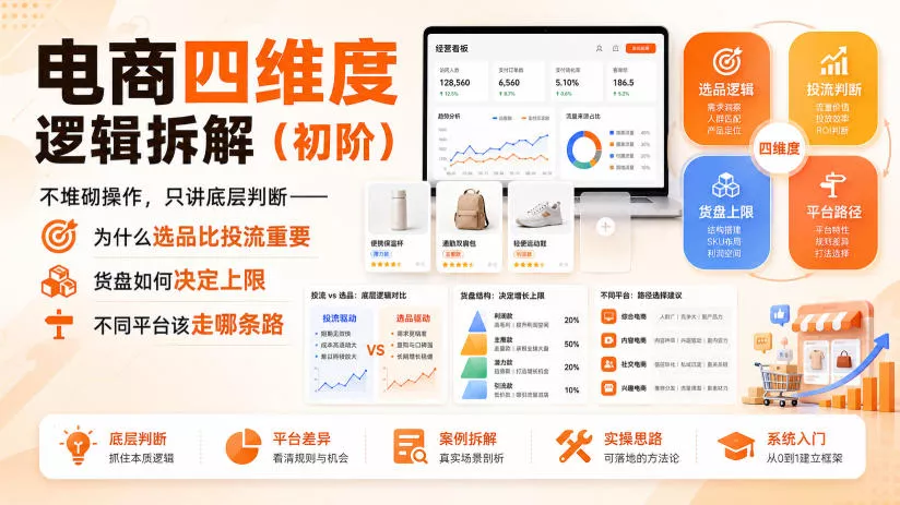 电商四维度逻辑拆解(初阶)不堆砌操作,只讲底层判断——为什么选品比投流重要、货盘如何决定上限、不同平台该走哪条路 电商四维度逻辑拆解(初阶)不堆砌操作,只讲底层判断——为什么选品比投流重要、货盘如何决定上限、不同平台该走哪条路