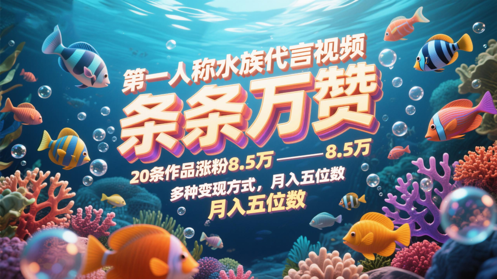 第一人称水族代言视频，条条万赞，20条作品涨粉8.5万，多种变现方式月，入五位数网创项目-知识付费-在线课程-自媒体创业-网络副业-优利资源优利资源网