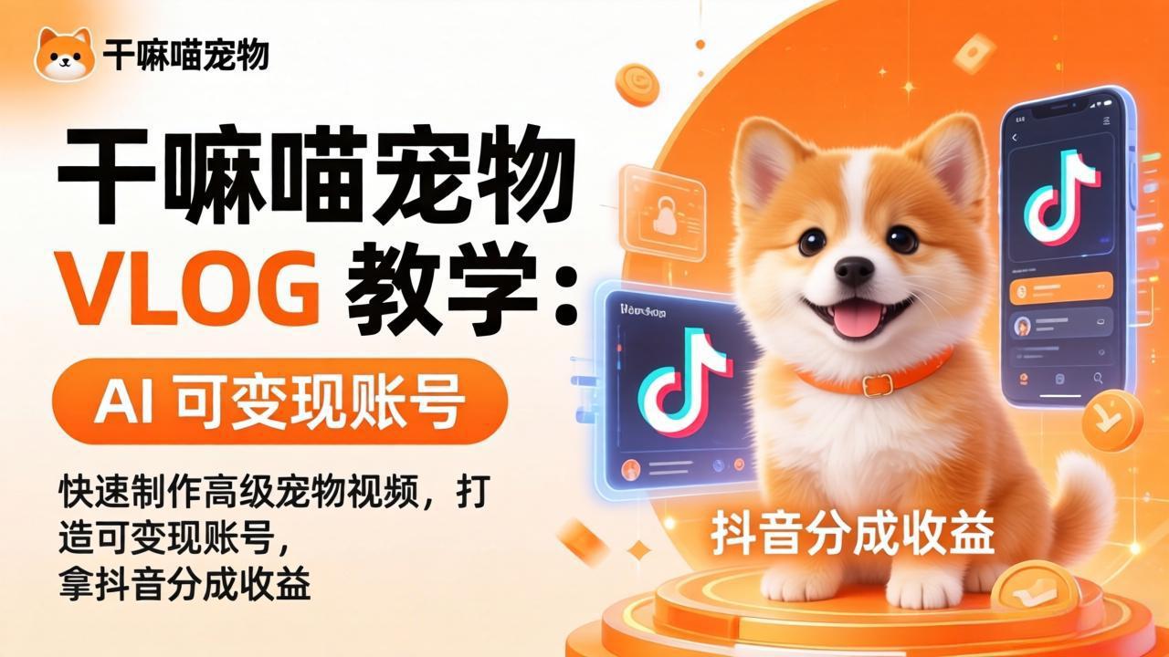 干嘛喵宠物 VLOG 教学：AI 快速制作高级宠物视频，打造可变现账号，拿抖音分成收益网创项目-知识付费-在线课程-自媒体创业-网络副业-优利资源优利资源网