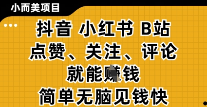 小而美的项目，抖音小红书B站视频点赞、关注、评论就能挣钱，简单无脑立见收益，妥妥的零撸项目【揭秘】网创项目-知识付费-在线课程-自媒体创业-网络副业-优利资源优利资源网