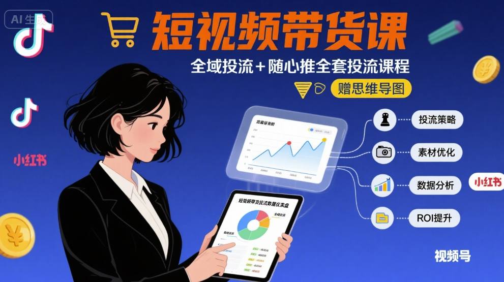 最新短视频带货课，全域投流+随心推全套投流课程+思维导图网创项目-知识付费-在线课程-自媒体创业-网络副业-优利资源优利资源网