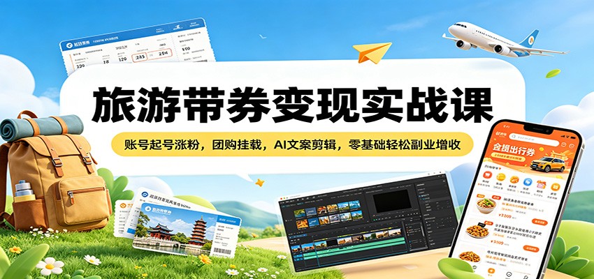 旅游带券变现实战课：账号起号涨粉，团购挂载，AI文案剪辑，零基础轻松副业增收网创项目-知识付费-在线课程-自媒体创业-网络副业-优利资源优利资源网