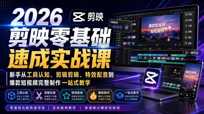2026剪映零基础速成实战课|新手从工具认知、剪辑剪辑、特效配音到爆款短视频完整制作一站式教学 2026剪映零基础速成实战课|新手从工具认知、剪辑剪辑、特效配音到爆款短视频完整制作一站式教学
