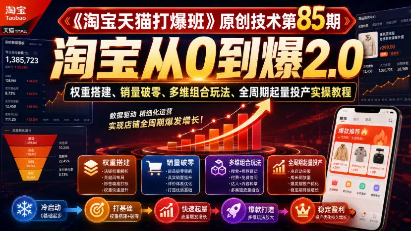《淘宝天猫打爆班》原创技术第85期，淘宝从0到爆2.0，权重搭建、销量破零、多维组合玩法、全周期起量投产实操教程网创项目-知识付费-在线课程-自媒体创业-网络副业-优利资源优利资源网