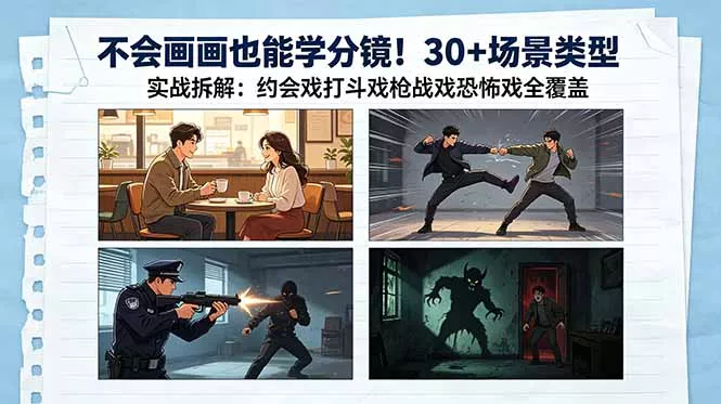 不会画画也能学分镜！30+场景类型实战拆解：约会戏打斗戏枪战戏恐怖戏全覆盖网创项目-知识付费-在线课程-自媒体创业-网络副业-优利资源优利资源网