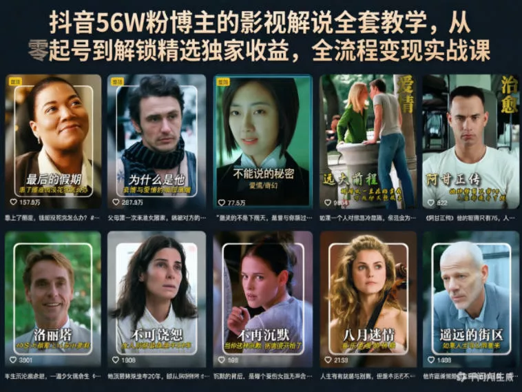 抖音56W粉博主的影视解说全套教学，从零起号到解锁精选独家收益，全流程变现实战课网创项目-知识付费-在线课程-自媒体创业-网络副业-优利资源优利资源网