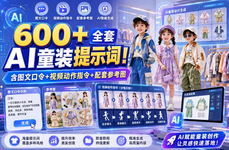 600+全套AI童装提示词！含图文口令+视频动作指令+配套参考图，Word-Excel规整分类，童装电商、种草无脑量产内容！网创项目-知识付费-在线课程-自媒体创业-网络副业-优利资源优利资源网