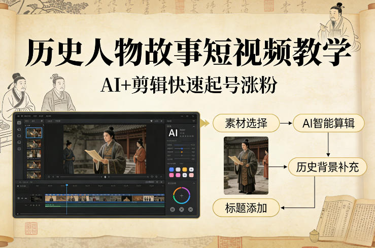 历史人物故事短视频教学，AI+剪辑制作历史人物题材短视频，快速起号涨粉网创项目-知识付费-在线课程-自媒体创业-网络副业-优利资源优利资源网