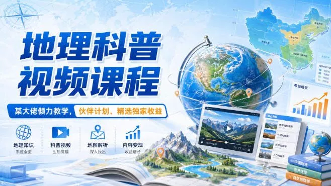 地理科普视频课程，某大佬倾力教学，伙伴计划、精选独家收益网创项目-知识付费-在线课程-自媒体创业-网络副业-优利资源优利资源网