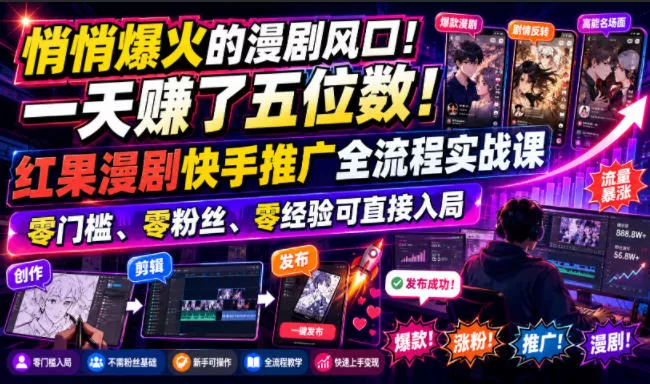 悄悄爆火的漫剧风口！一天賺了五位数！红果漫剧快手推广全流程实战课，零门槛、零粉丝、零经验可直接入局网创项目-知识付费-在线课程-自媒体创业-网络副业-优利资源优利资源网