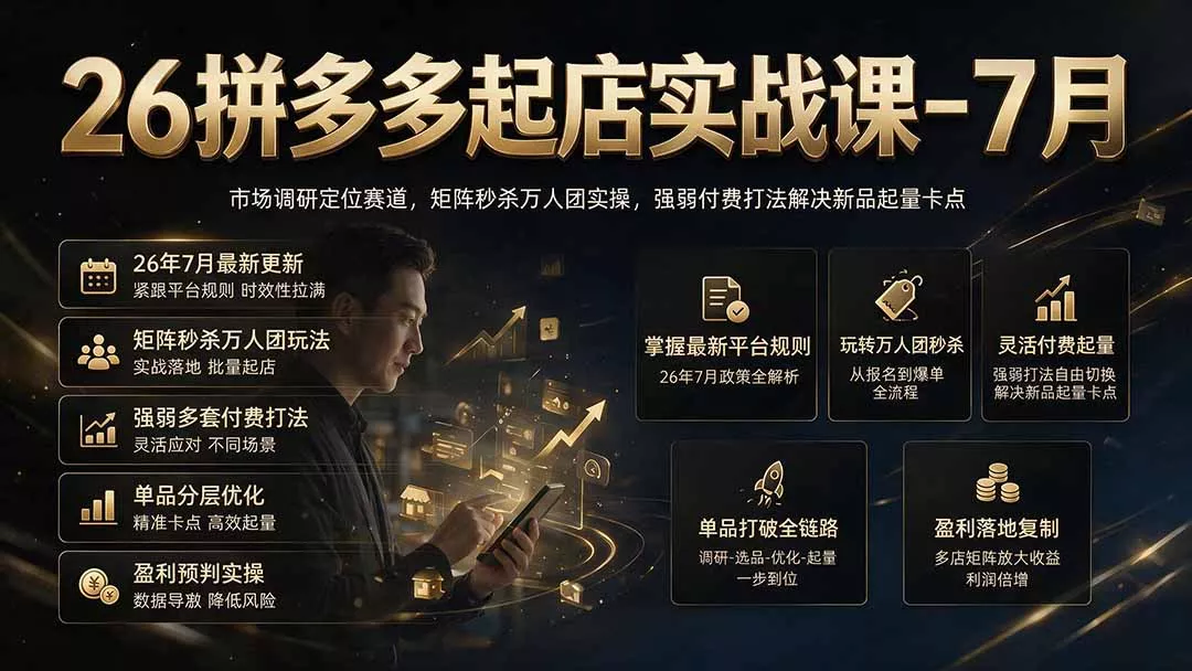 26拼多多起店实战课-7月｜市场调研定位赛道，矩阵秒杀万人团实操，强弱付费打法解决新品起量卡点网创项目-知识付费-在线课程-自媒体创业-网络副业-优利资源优利资源网