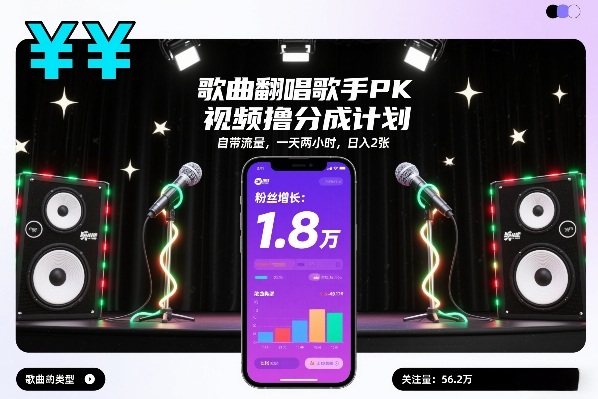 歌曲翻唱歌手PK视频撸分成计划，自带流量，一天两小时，日入2张网创项目-知识付费-在线课程-自媒体创业-网络副业-优利资源优利资源网