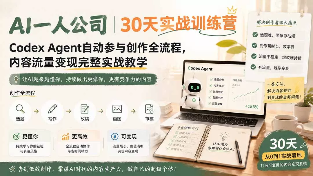AI一人公司｜30天实战训练营；Codex Agent自动参与创作全流程，内容流量变现完整实战教学网创项目-知识付费-在线课程-自媒体创业-网络副业-优利资源优利资源网