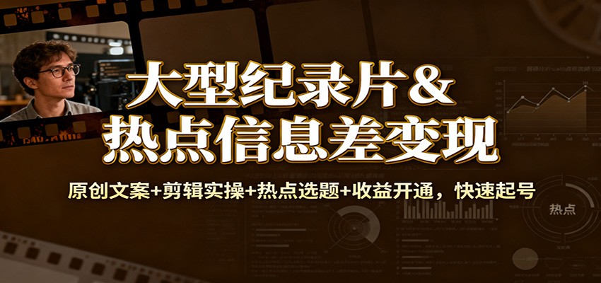 大型纪录片&热点信息差变现：原创文案+剪辑实操+热点选题+收益开通，快速起号网创项目-知识付费-在线课程-自媒体创业-网络副业-优利资源优利资源网