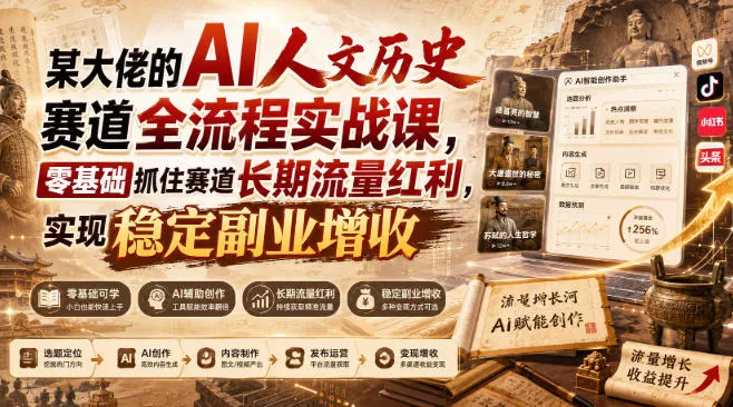 某大佬的AI人文历史赛道全流程实战课，零基础抓住赛道长期流量红利，实现稳定副业增收网创项目-知识付费-在线课程-自媒体创业-网络副业-优利资源优利资源网
