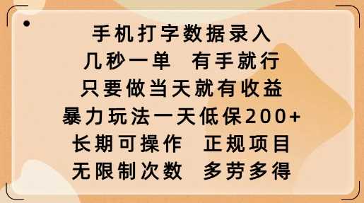 手机打字数据录入，几秒一单，有手就行，只要做当天就有收益，暴力玩法一天低保2张网创项目-知识付费-在线课程-自媒体创业-网络副业-优利资源优利资源网