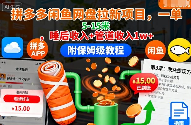 拼多多闲鱼网盘拉新项目，一单5-15米，睡后收入+管道收入1w+(附保姆级教程)网创项目-知识付费-在线课程-自媒体创业-网络副业-优利资源优利资源网