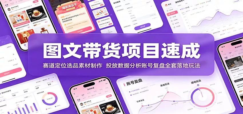 图文带货项目速成：赛道定位选品素材制作，投放数据分析账号复盘全套落地玩法网创项目-知识付费-在线课程-自媒体创业-网络副业-优利资源优利资源网