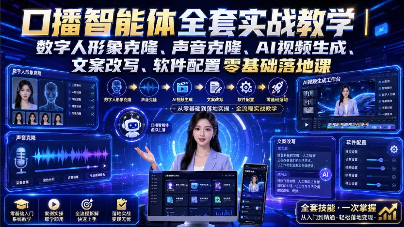 口播智能体全套实战教学｜数字人形象克隆、声音克隆、AI视频生成、文案改写、软件配置零基础落地课网创项目-知识付费-在线课程-自媒体创业-网络副业-优利资源优利资源网