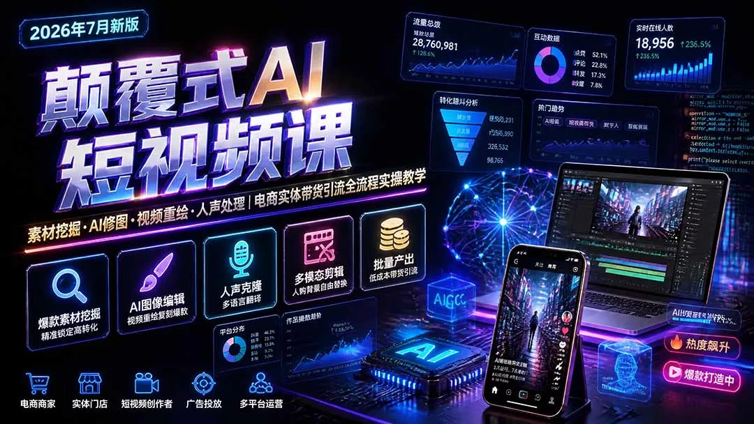 颠覆式AI短视频课｜素材挖掘，AI修图，视频重绘，人声处理｜电商实体带货引流全流程实操教学网创项目-知识付费-在线课程-自媒体创业-网络副业-优利资源优利资源网