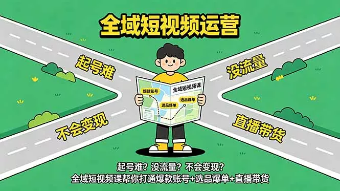 起号难？没流量？不会变现？全域短视频课帮你打通爆款账号+选品爆单+直播带货网创项目-知识付费-在线课程-自媒体创业-网络副业-优利资源优利资源网