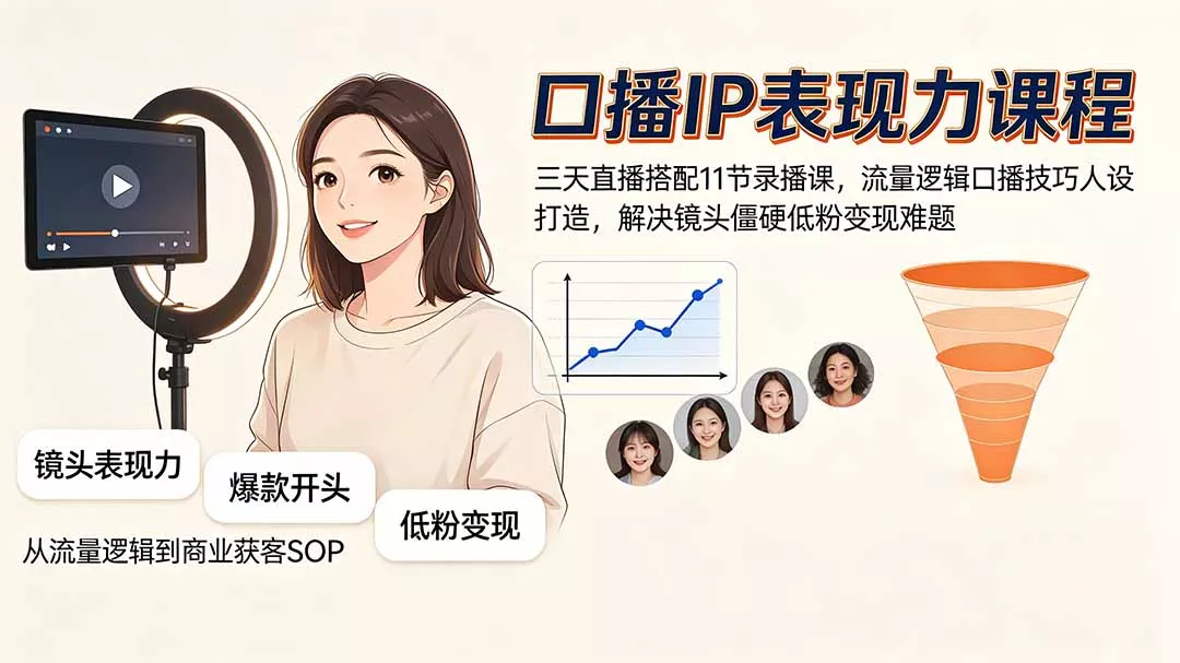 口播IP表现力课程｜三天直播搭配11节录播课，流量逻辑口播技巧人设打造，解决镜头僵硬低粉变现难题网创项目-知识付费-在线课程-自媒体创业-网络副业-优利资源优利资源网