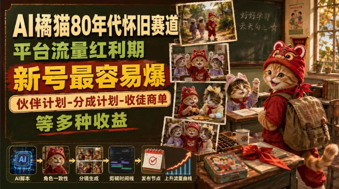 AI橘猫80年代怀旧赛道，平台流量红利期，新号最容易爆，伙伴计划-分成计划-收徒商单等多种收益网创项目-知识付费-在线课程-自媒体创业-网络副业-优利资源优利资源网