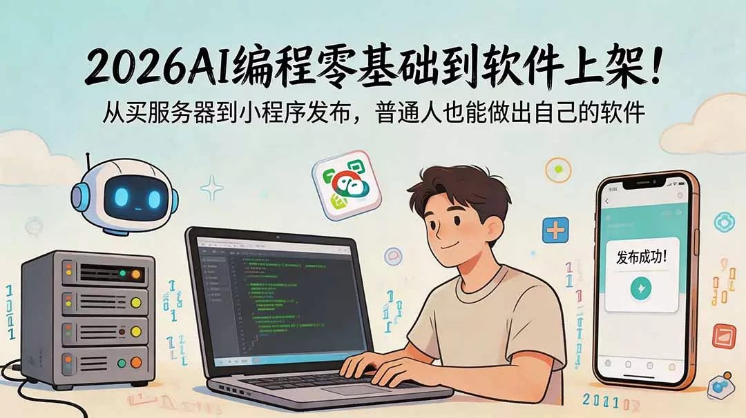 2026AI编程零基础到软件上架！从买服务器到小程序发布，普通人也能做出自己的软件网创项目-知识付费-在线课程-自媒体创业-网络副业-优利资源优利资源网