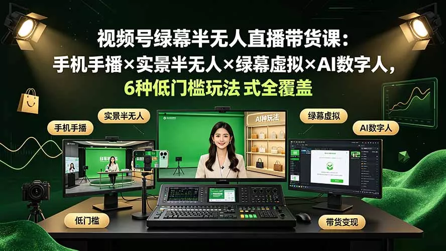 视频号绿幕半无人直播带货课：手机手播×实景半无人×绿幕虚拟×AI数字人，6种低门槛玩法全覆盖网创项目-知识付费-在线课程-自媒体创业-网络副业-优利资源优利资源网