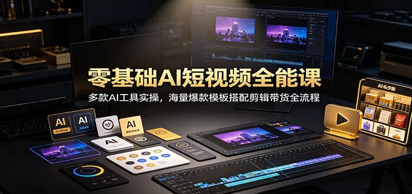零基础AI短视频全能课：多款AI工具实操，海量爆款模板搭配剪辑带货全流程网创项目-知识付费-在线课程-自媒体创业-网络副业-优利资源优利资源网