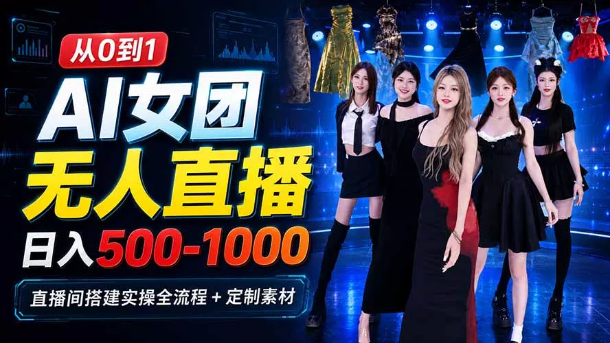 AI 女团无人直播，躺入500-1000每天，直播间搭建实操全流程+定制素材网创项目-知识付费-在线课程-自媒体创业-网络副业-优利资源优利资源网