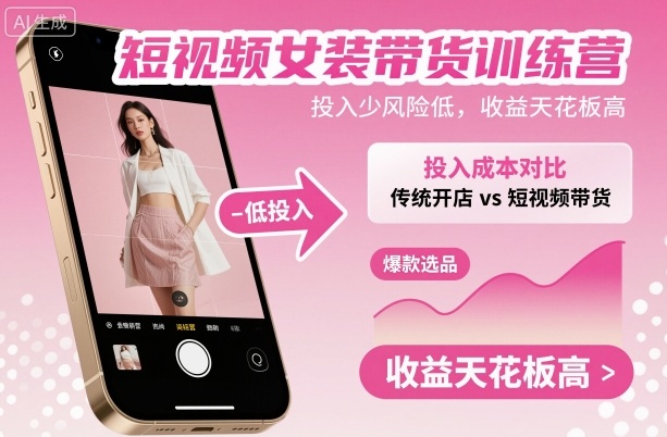 短视频女装带货训练营，投入少风险低，收益天花板高网创项目-知识付费-在线课程-自媒体创业-网络副业-优利资源优利资源网