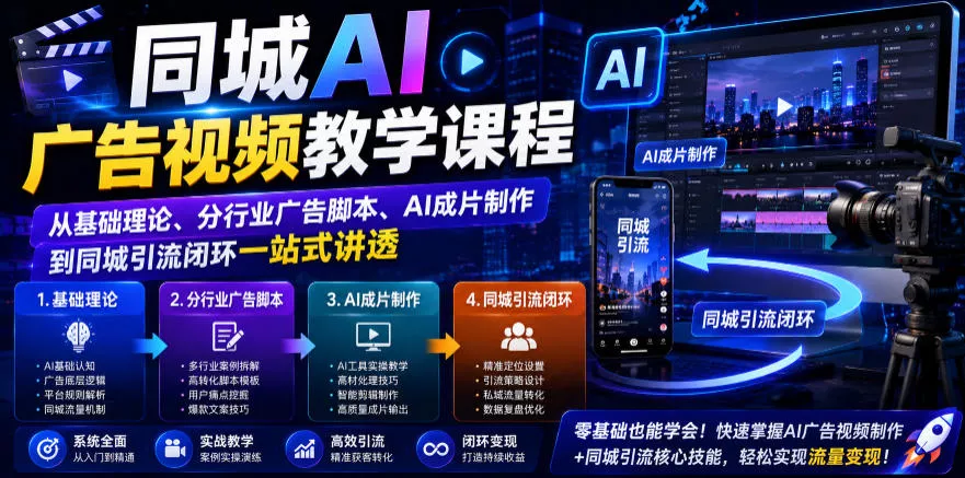 同城AI广告视频教学课程，从基础理论、分行业广告脚本、AI成片制作到同城引流闭环一站式讲透网创项目-知识付费-在线课程-自媒体创业-网络副业-优利资源优利资源网