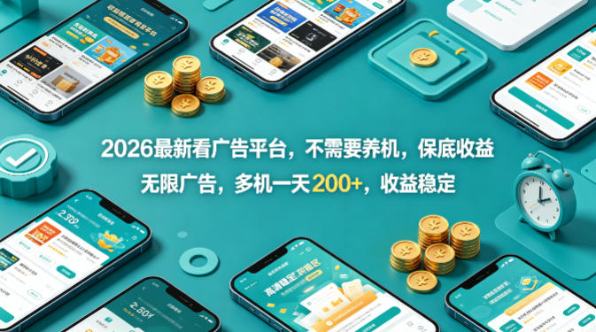 2026最新看广告平台，不需要养机，保底收益，无限广告，多机一天200+，收益稳定【揭秘】网创项目-知识付费-在线课程-自媒体创业-网络副业-优利资源优利资源网