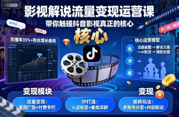 影视解说流量变现运营课，带你触碰抖音影视真正的核心网创项目-知识付费-在线课程-自媒体创业-网络副业-优利资源优利资源网