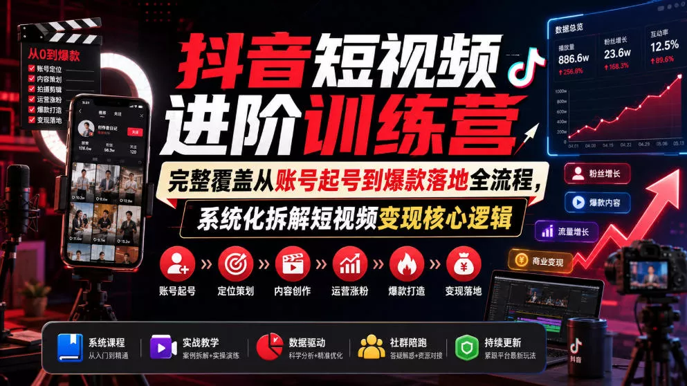 抖音短视频进阶训练营，完整覆盖从账号起号到爆款落地全流程，系统化拆解短视频变现核心逻辑网创项目-知识付费-在线课程-自媒体创业-网络副业-优利资源优利资源网