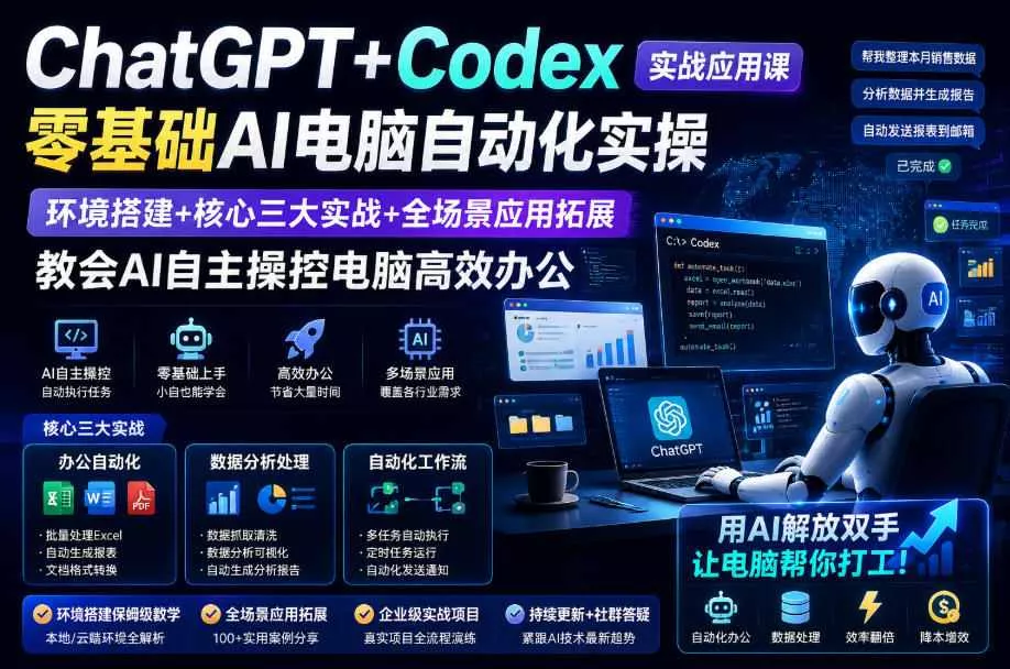 ChatGPT+Codex实战应用课｜零基础AI电脑自动化实操，环境搭建+核心三大实战+全场景应用拓展，教会AI自主操控电脑高效办公网创项目-知识付费-在线课程-自媒体创业-网络副业-优利资源优利资源网