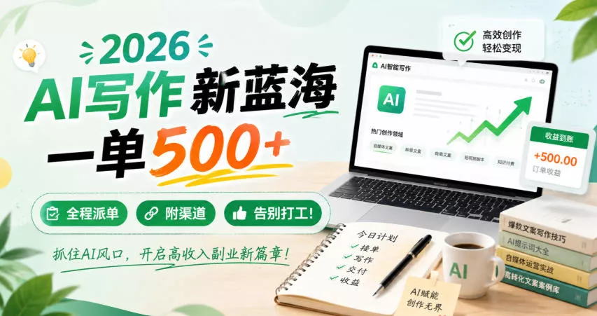 2026 AI写作新蓝海，一单500+，全程派单，附渠道，告别打工！【揭秘】网创项目-知识付费-在线课程-自媒体创业-网络副业-优利资源优利资源网