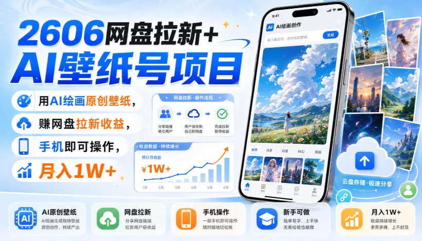 2606网盘拉新+AI壁纸号项目,用AI绘画原创壁纸,賺网盘拉新收益,手机即可操作,月入1W+ 2606网盘拉新+AI壁纸号项目,用AI绘画原创壁纸,賺网盘拉新收益,手机即可操作,月入1W+