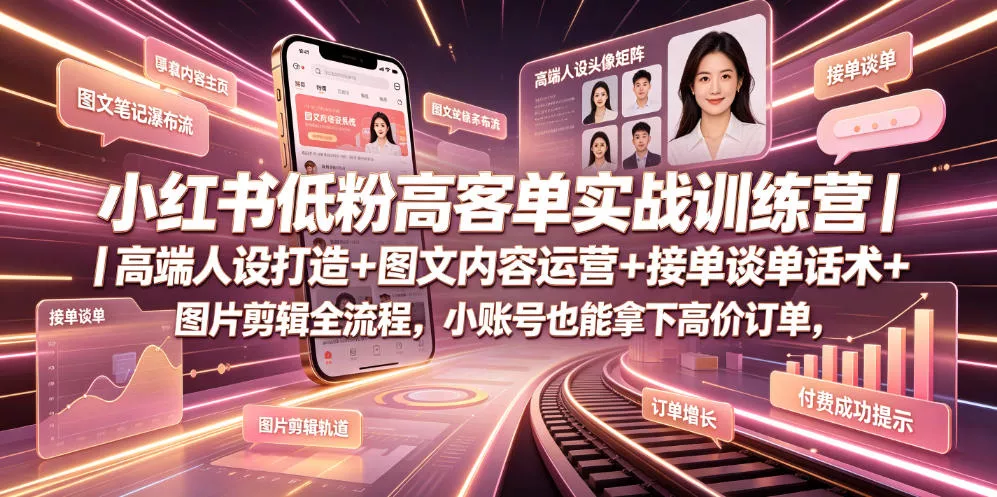 小红书低粉高客单实战训练营｜高端人设打造+图文内容运营+接单谈单话术+图片剪辑全流程，小账号也能拿下高价订单网创项目-知识付费-在线课程-自媒体创业-网络副业-优利资源优利资源网