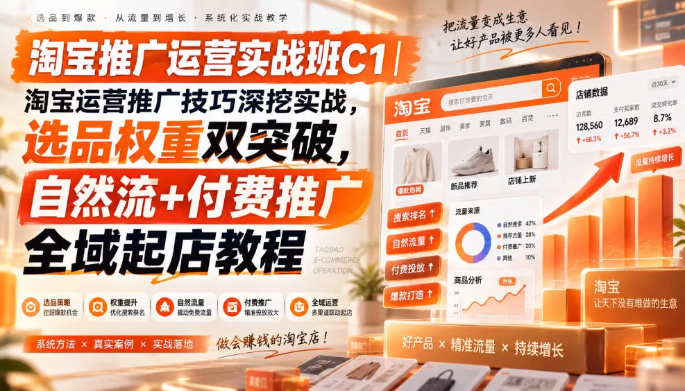 淘宝推广运营实战班C1｜淘宝运营推广技巧深挖实战，选品权重双突破，自然流+付费推广全域起店教程网创项目-知识付费-在线课程-自媒体创业-网络副业-优利资源优利资源网