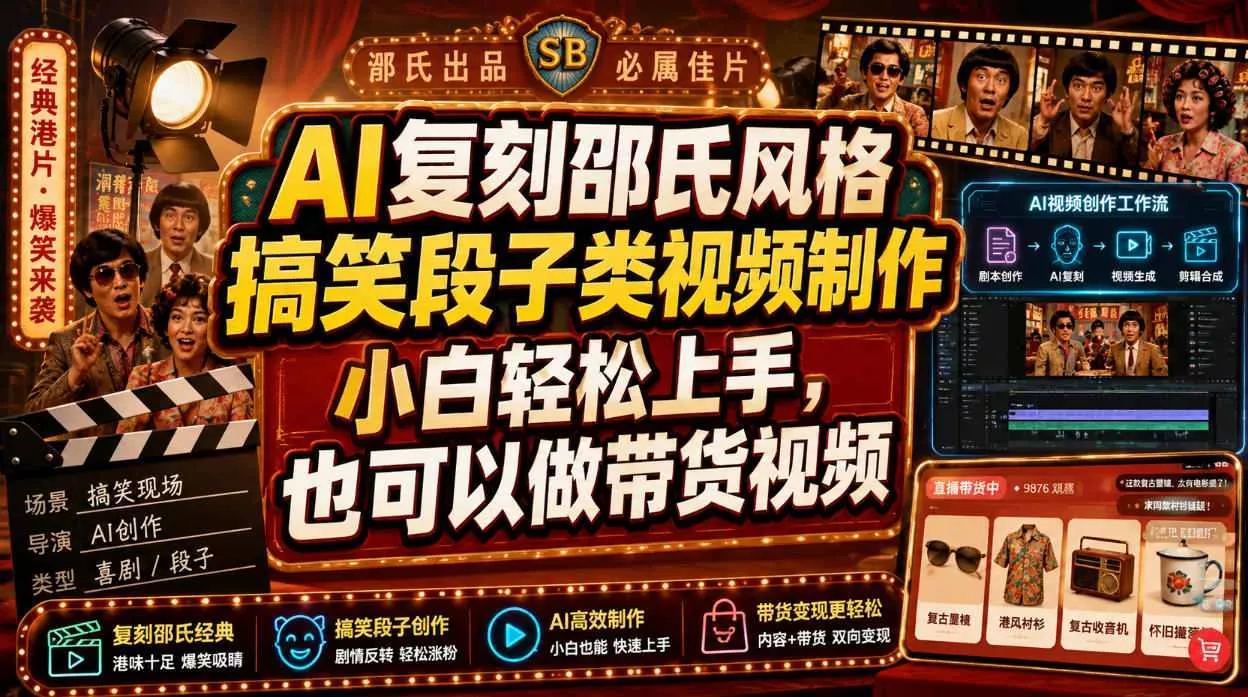 AI复刻邵氏风格搞笑段子类视频制作，小白轻松上手，也可以做带货视频网创项目-知识付费-在线课程-自媒体创业-网络副业-优利资源优利资源网