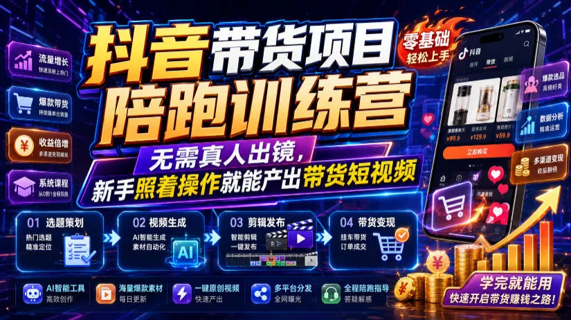 抖音带货项目陪跑训练营，无需真人出镜，新手照着操作就能产出带货短视频(更新0811)网创项目-知识付费-在线课程-自媒体创业-网络副业-优利资源优利资源网