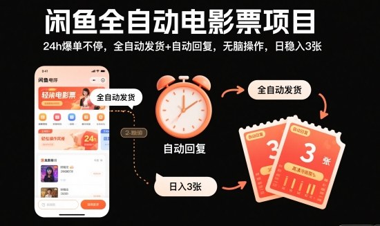 闲鱼全自动电影票项目，24h爆单不停，全自动发货+自动回复，无脑操作，日稳入3张【揭秘】网创项目-知识付费-在线课程-自媒体创业-网络副业-优利资源优利资源网