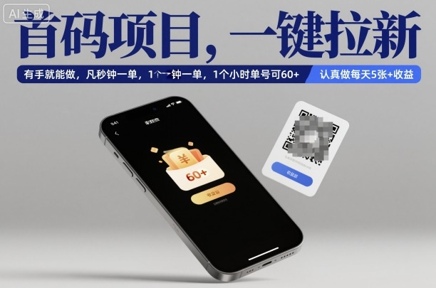 首码项目，一键拉新，有手就能做，几秒钟一单，1个小时单号可60+，认真做每天5张+收益【揭秘】网创项目-知识付费-在线课程-自媒体创业-网络副业-优利资源优利资源网