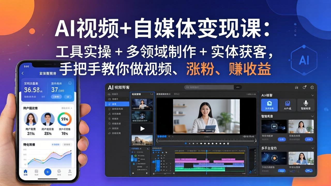 AI视频+自媒体变现课：工具实操 + 多领域制作 + 实体获客，手把手教你做视频、涨粉、赚收益网创项目-知识付费-在线课程-自媒体创业-网络副业-优利资源优利资源网