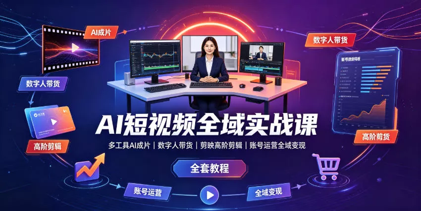 AI短视频全域实战课｜多工具AI成片、数字人带货、剪映高阶剪辑、账号运营全域变现全套教程网创项目-知识付费-在线课程-自媒体创业-网络副业-优利资源优利资源网