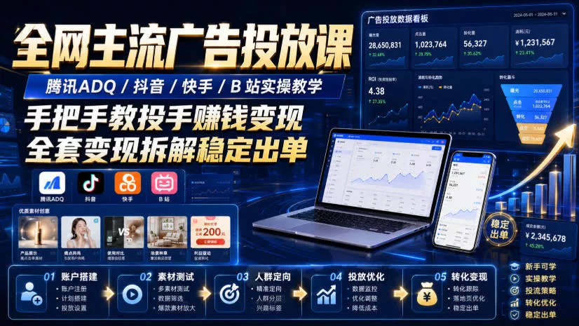 全网主流广告投放课，腾讯ADQ / 抖音 / 快手 / B 站实操教学，手把手教投手赚钱变现，全套变现拆解稳定出单网创项目-知识付费-在线课程-自媒体创业-网络副业-优利资源优利资源网