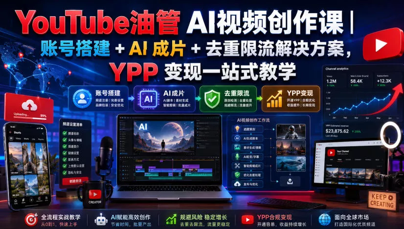 YouTube油管AI视频创作课|账号搭建+AI成片+去重限流解决方案,YPP变现一站式教学(更新0809) YouTube油管AI视频创作课|账号搭建+AI成片+去重限流解决方案,YPP变现一站式教学(更新0809)