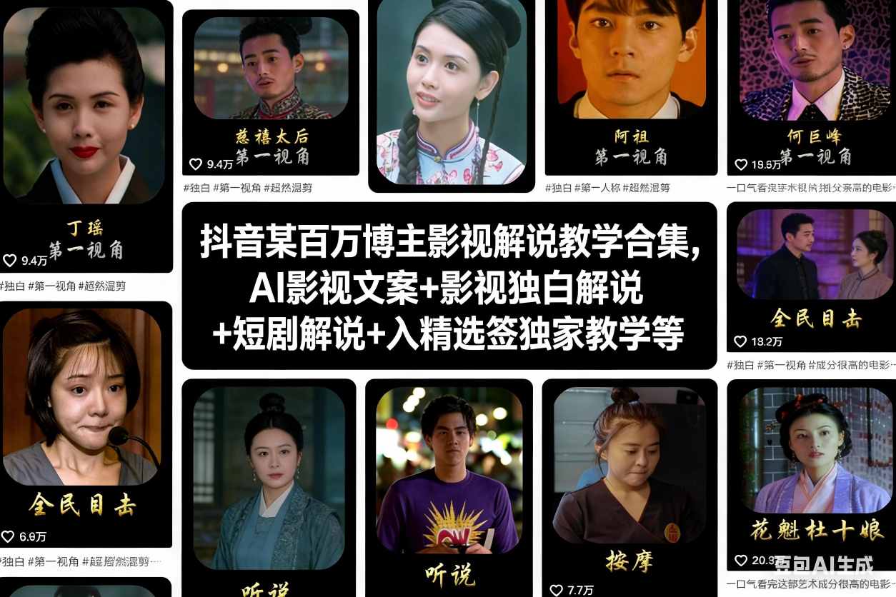 抖音某百万博主影视解说教学合集，AI影视文案+影视独白解说+短剧解说+入精选签独家教学等网创项目-知识付费-在线课程-自媒体创业-网络副业-优利资源优利资源网